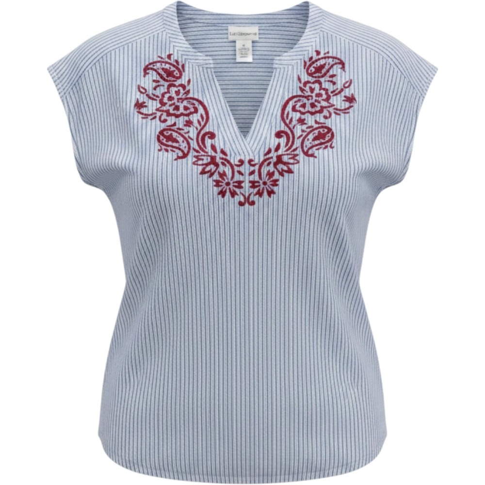 Liz‎ Claiborne Blouse Womens XL Blue Striped Embroidered Nautical Boho Top